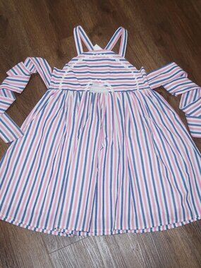 NWT Girls Smocked Sweets Pink Blue White Rainbow Stripes Sun Dress Summer sz 6/7